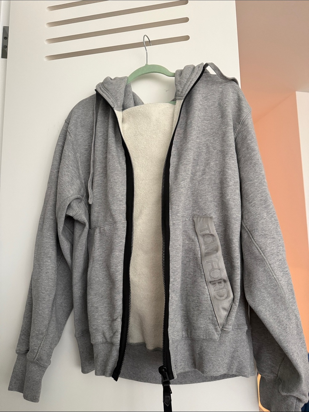 Tom Ford Light Gray Hooded Zip Sweatshirt with Cream Lining